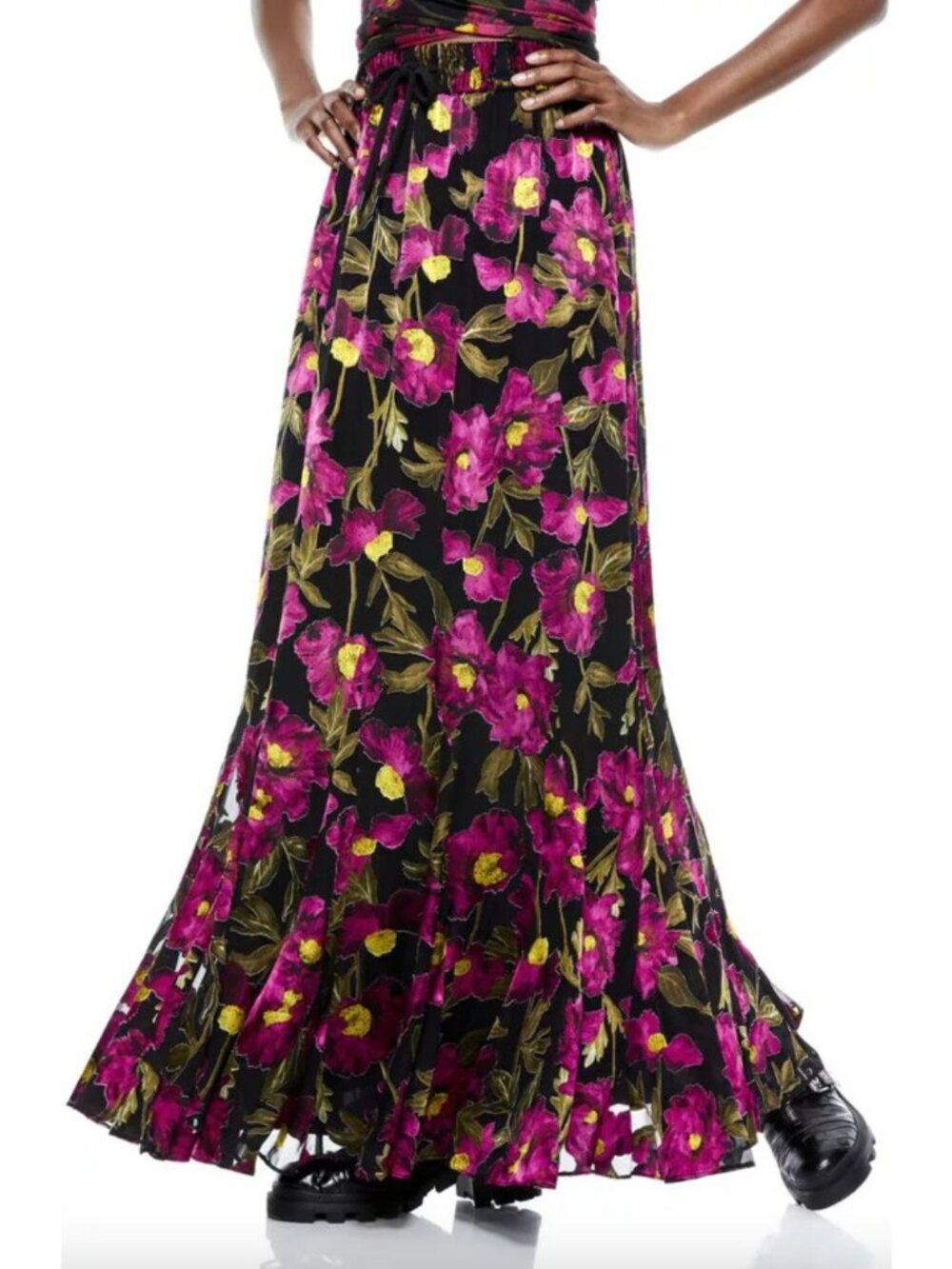 NWT Alice + Olivia Elza Godet Silk Maxi Skirt Black Pink California Poppy 0